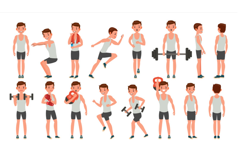 fitness-man-vector-different-poses-weight-training-exercising-male-man-figures-is-training-on-sport-club-isolated-on-white-cartoon-character-illustration