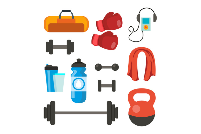 fitness-icons-set-vector-sport-tools-accessories-bag-towel-weights-dumbbell-bar-player-boxing-gloves-isolated-flat-cartoon-illustration