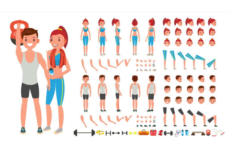 fitness-girl-man-vector-animated-sport-male-female-character-creation-set-full-length-front-side-back-view-accessories-poses-face-emotions-gestures-isolated-flat-cartoon-illustration