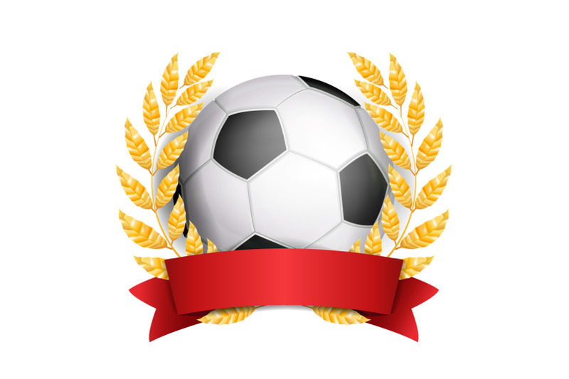 football-award-vector-sport-banner-background-ball-red-ribbon-laurel-wreath-soccer-ball-3d-realistic-isolated-illustration