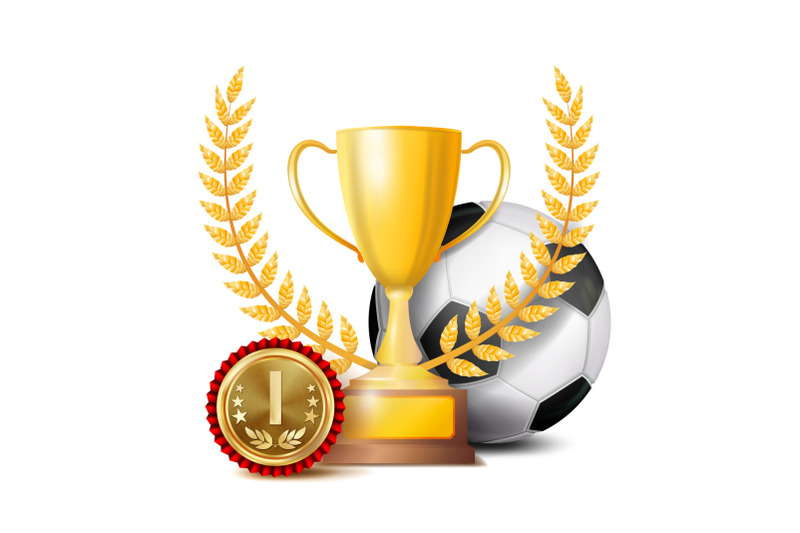 football-achievement-award-vector-sport-banner-background-ball-winner-cup-golden-1st-place-medal-soccer-ball-realistic-isolated-illustration