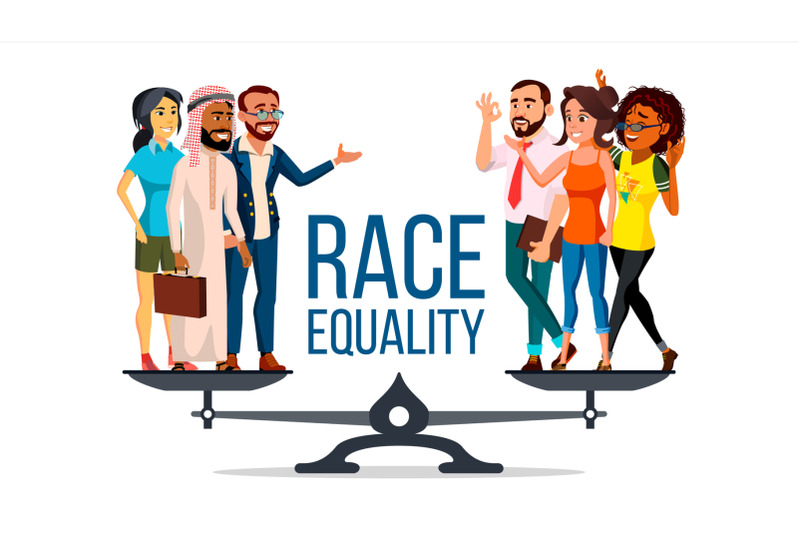 race-equality-vector-standing-on-scales-equal-opportunity-rights-diversity-tolerance-concept-piece-isolated-flat-cartoon-illustration