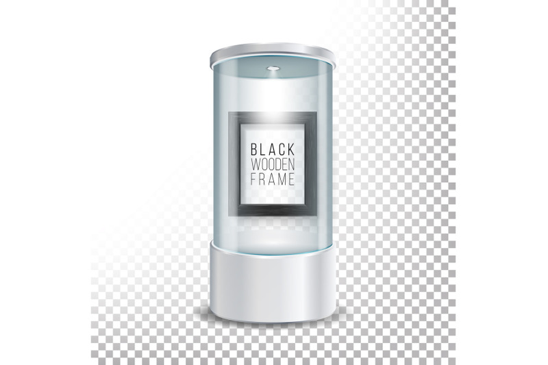 transparent-glass-museum-showcase-podium-with-dark-wooden-picture-frame-template-spotlight-and-sparks-mock-up-capsule-box-for-exhibit-and-display-your-product-vector-transparent-illustration