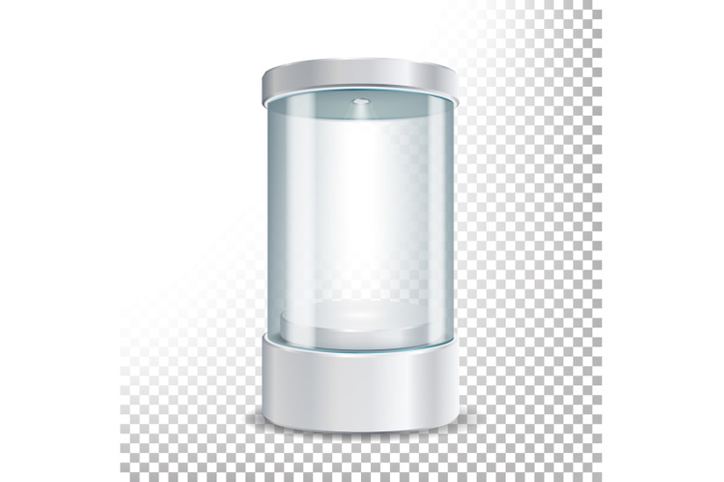 round-empty-glass-showcase-podium-with-spotlight-and-sparks-blank-for-exhibit-with-a-pedestal-vector-realistic-illustration-transparent-background