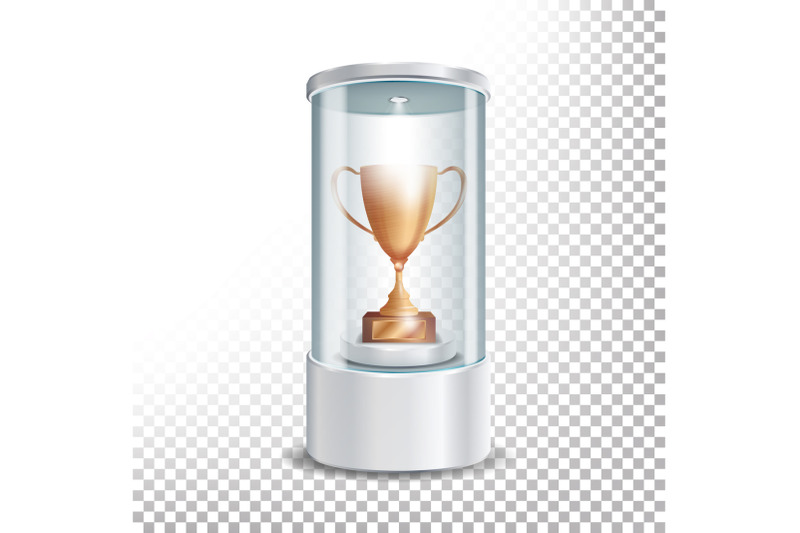 transparent-glass-museum-showcase-podium-with-bronze-cup-spotlight-and-sparks-mock-up-capsule-box-for-award-ceremonies-vector-illustration