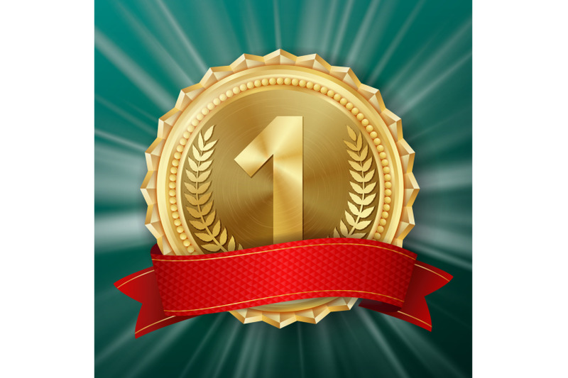 gold-medal-vector-golden-1st-place-badge-metallic-winner-award-red-ribbon-olive-branch-realistic-illustration