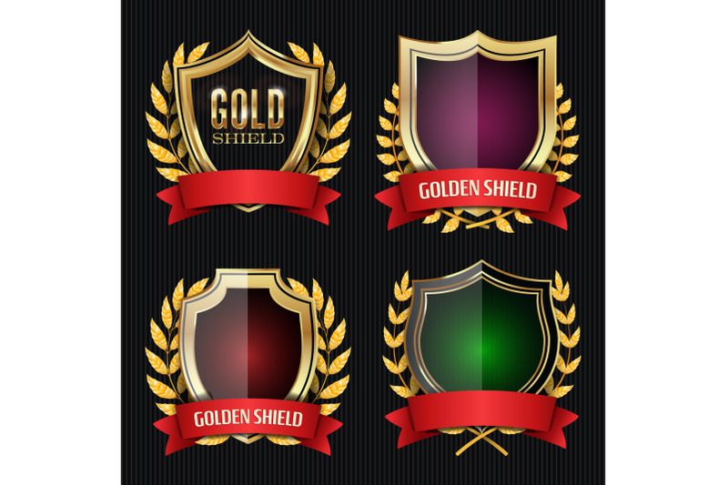 golden-shield-set-with-laurel-wreath-and-red-ribbon-vector-illustration