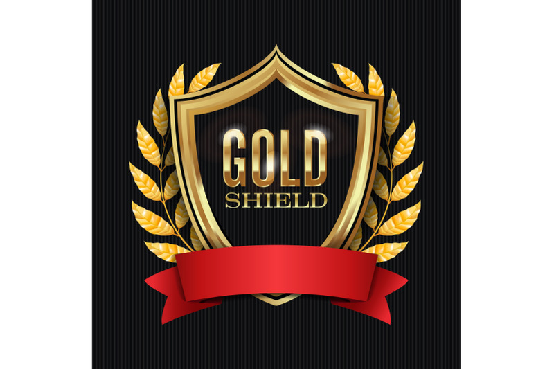 golden-shield-with-laurel-wreath-and-red-ribbon-vector-illustration