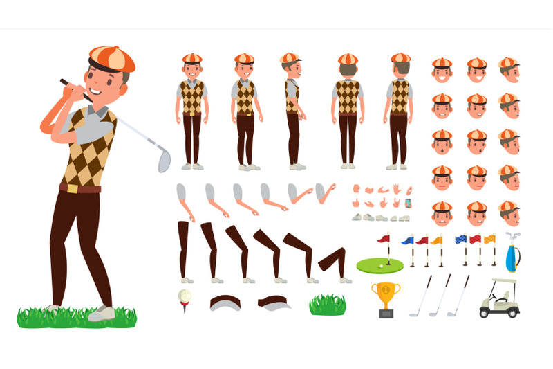 golf-player-vector-animated-character-creation-set-football-tools-and-equipment-full-length-front-side-back-view-accessories-poses-face-emotions-gestures-isolated-flat-cartoon-illustration