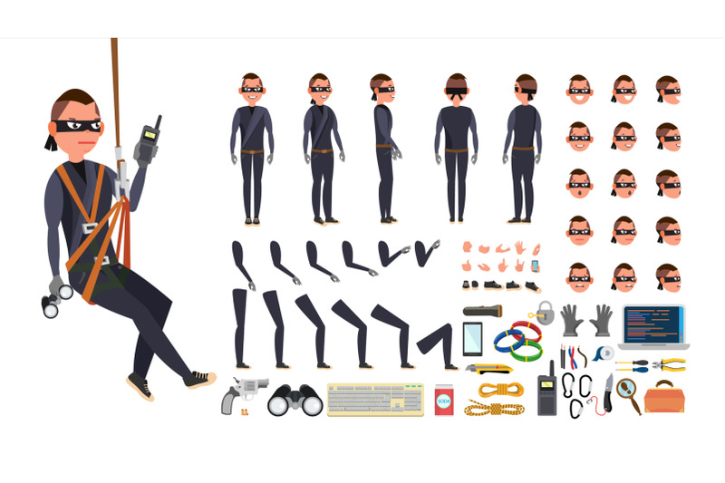 thief-hacker-vector-animated-character-creation-set-black-mask-tools-and-equipment-full-length-front-side-back-view-accessories-poses-face-emotions-gestures-isolated-flat-illustration