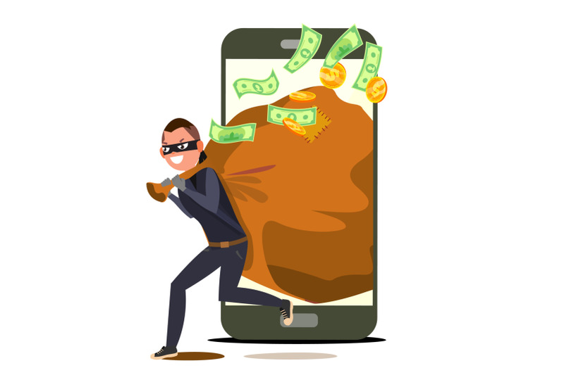 thief-and-smartphone-vector-bandit-with-bag-insurance-concept-burglar-robber-in-mask-crack-user-personal-information-fishing-attack-to-smartphone-isolated-flat-cartoon-illustration