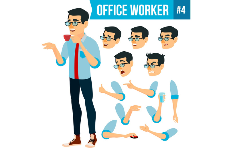 office-worker-vector-face-emotions-various-gestures-animation-creation-set-business-human-smiling-manager-servant-workman-officer-flat-character-illustration