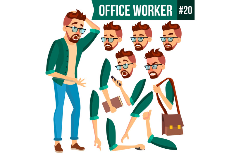 office-worker-vector-face-emotions-gestures-animation-set-business-man-professional-cabinet-workman-officer-clerk-isolated-cartoon-character-illustration