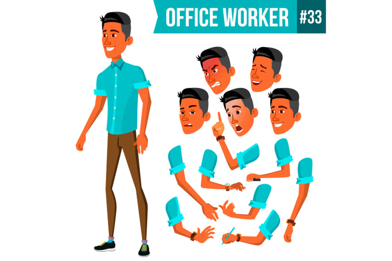 office-worker-vector-face-emotions-various-gestures-animation-businessman-human-modern-cabinet-employee-workman-laborer-isolated-flat-cartoon-character-illustration