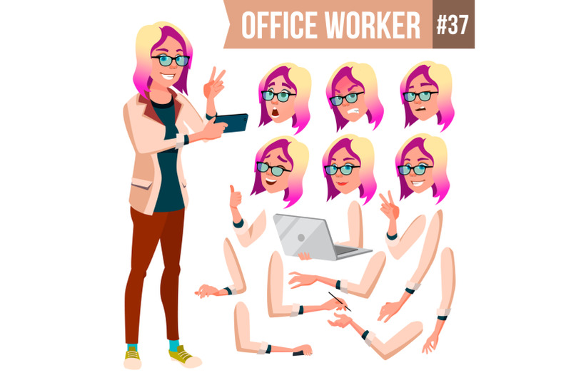 office-worker-vector-woman-professional-officer-clerk-businessman-female-lady-face-emotions-various-gestures-animation-creation-set-isolated-flat-character-illustration