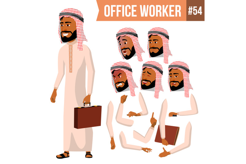 arab-office-worker-vector-saudi-emirates-qatar-uae-face-emotions-various-gestures-animation-creation-set-corporate-businessman-male-successful-officer-clerk-servant-illustration