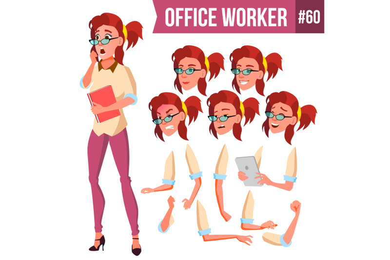 office-worker-vector-woman-modern-employee-laborer-business-woman-face-emotions-various-gestures-animation-creation-set-flat-cartoon-illustration