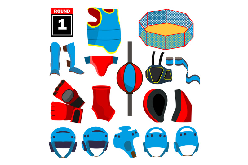 mma-icons-set-vector-mma-accessories-round-arena-ring-gloves-helmet-belt-isolated-flat-cartoon-illustration