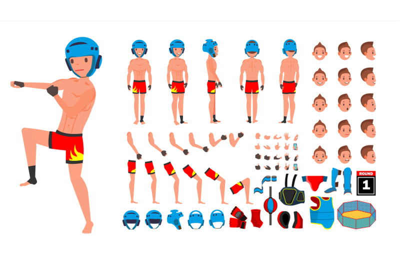 mma-player-male-vector-animated-character-creation-set-man-full-length-front-side-back-view-accessories-poses-face-emotions-gestures-isolated-flat-cartoon-illustration