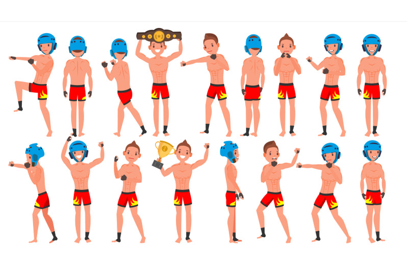 mma-player-male-vector-muay-thai-poses-muscular-sports-guy-workout-isolated-flat-cartoon-character-illustration