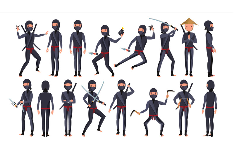 ninja-character-vector-cartoon-funny-warriors-different-poses-isolated-on-white-background-flat-cartoon-illustration