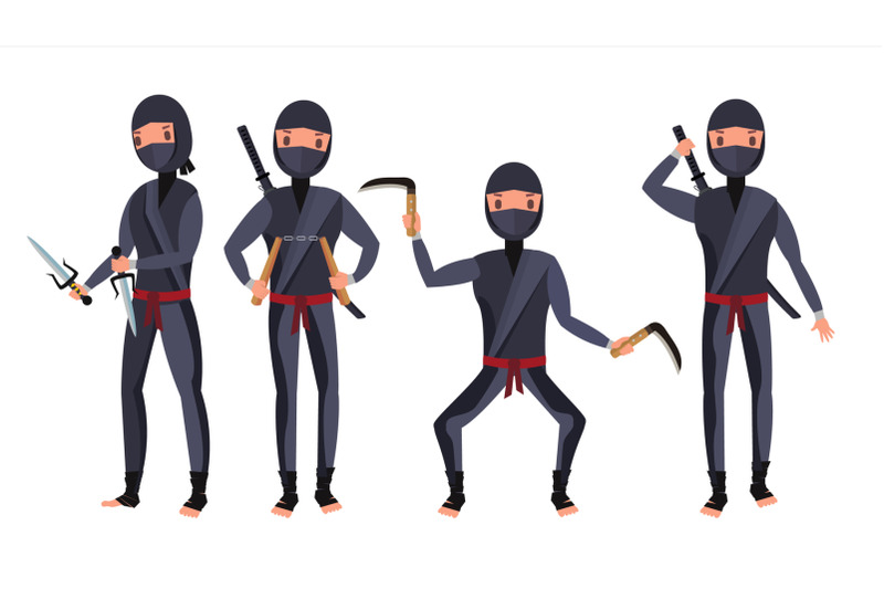 ninja-set-vector-samurai-characters-attacking-moving-jumping-kicking-isolated-on-white-background-flat-cartoon-illustration