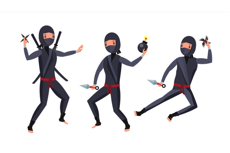 ninja-warrior-vector-black-suit-showing-different-actions-with-weapons-isolated-flat-cartoon-illustration