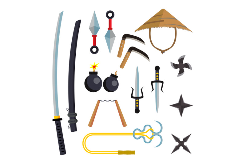 ninja-weapons-set-vector-assassin-accessories-star-sword-sai-nunchaku-throwing-knives-katana-shuriken-isolated-flat-cartoon-illustration