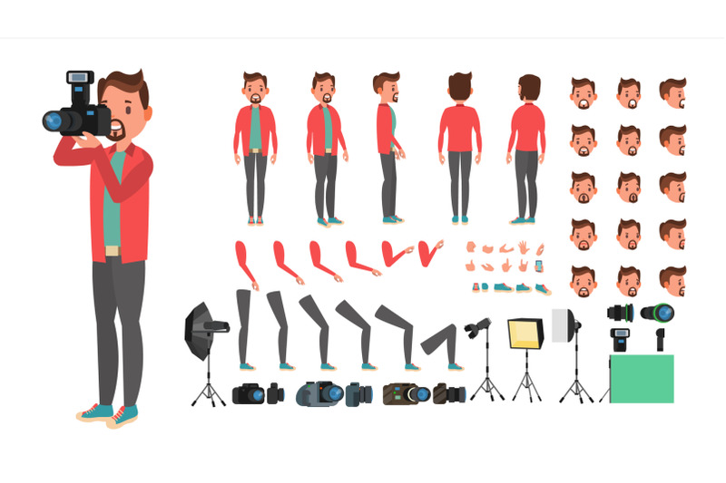 photographer-vector-taking-pictures-animated-man-character-creation-set-full-length-front-side-back-view-accessories-poses-face-emotions-gestures-isolated-flat-cartoon-illustration