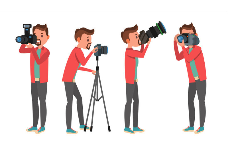 professional-photographer-vector-male-in-different-poses-lights-and-cameras-creative-occupation-profession-tripod-equipment-isolated-flat-cartoon-character-illustration