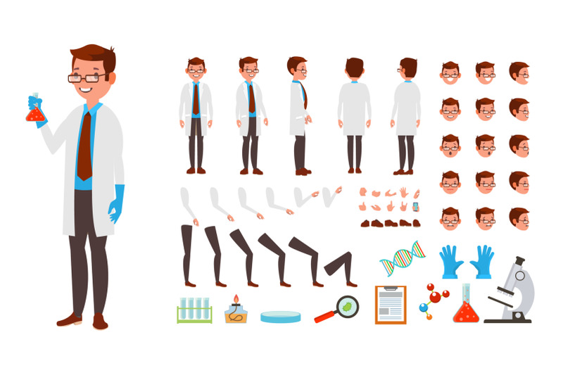 scientist-man-vector-animated-character-creation-set-full-length-front-side-back-view-accessories-poses-face-emotions-hairstyle-gestures-isolated-flat-cartoon-illustration