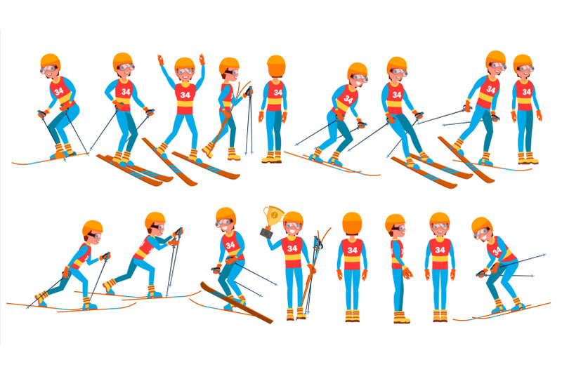 skiing-male-player-vector-winter-games-competing-in-championship-playing-in-different-poses-man-athlete-isolated-on-white-cartoon-character-illustration