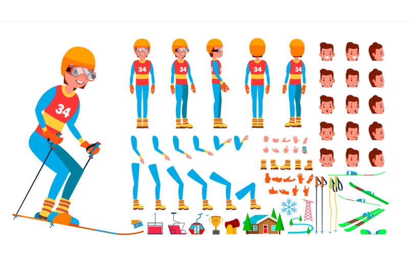 skiing-player-male-vector-animated-character-creation-set-man-full-length-front-side-back-view-accessories-poses-face-emotions-gestures-isolated-flat-cartoon-illustration