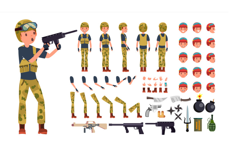 soldier-male-vector-animated-character-creation-set-military-man-full-length-front-side-back-view-accessories-poses-face-emotions-gestures-war-army-soldier-uniform-illustration