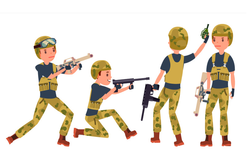 young-army-soldier-man-vector-poses-ready-for-battle-camouflage-uniform-war-man-flat-military-cartoon-illustration