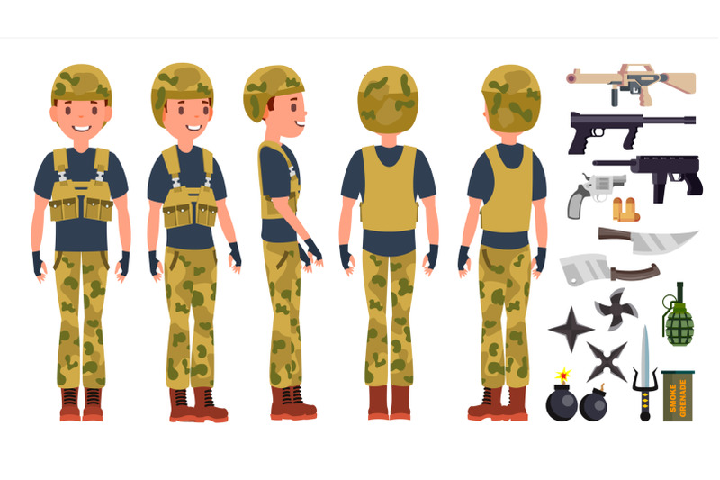 soldier-man-set-vector-poses-army-person-camouflage-uniform-shooter-saluting-cartoon-military-character-illustration