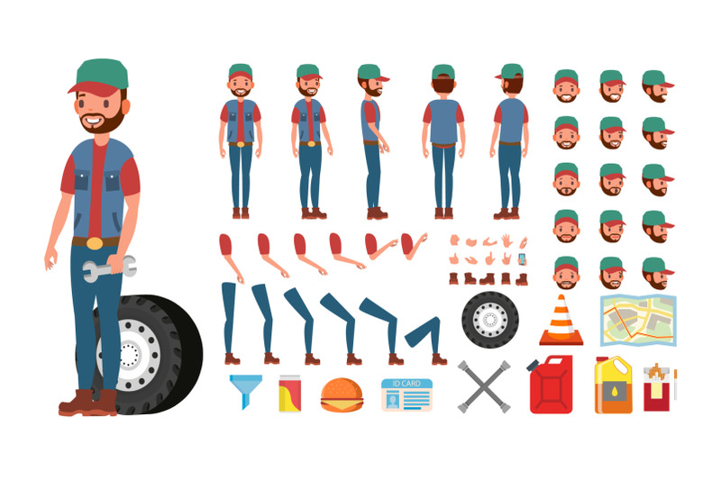 truck-driver-vector-animated-trucker-character-creation-set-full-length-front-side-back-view-accessories-poses-face-emotions-gestures-isolated-flat-cartoon-illustration