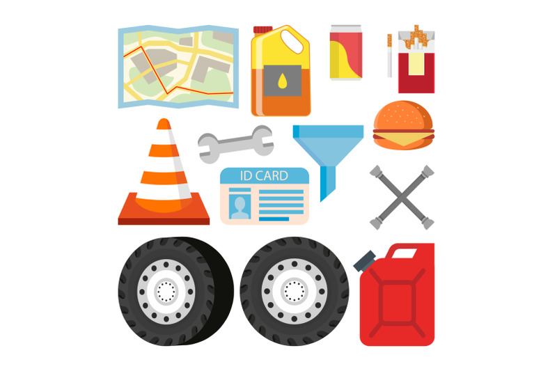 driver-items-set-vector-automobile-objects-accessories-map-oil-soda-cigarettes-road-cone-wrench-canister-gasoline-burger-hamburger-isolated-flat-cartoon-illustration