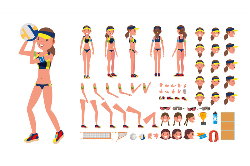 volleyball-player-vector-beach-volleyball-female-sport-animated-character-creation-set-full-length-front-back-view-accessories-poses-face-emotions-gestures-isolated-flat-cartoon-illustration