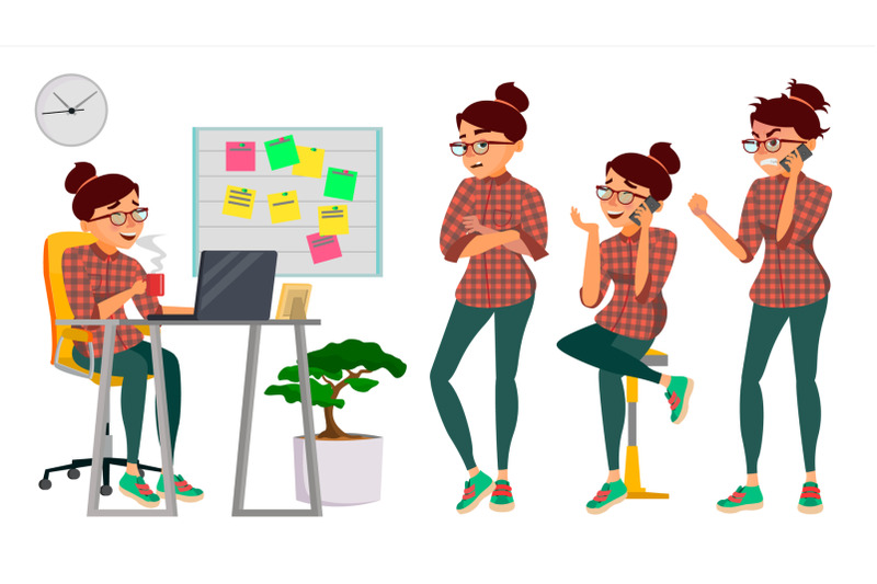 business-woman-lady-character-vector-working-female-it-startup-business-company-environment-process-desk-full-length-girl-programmer-manager-expressions-cartoon-business-character-illustration