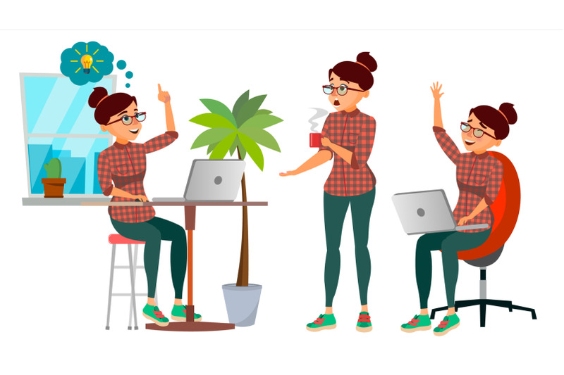 business-woman-character-vector-working-girl-environment-process-creative-studio-lifestyle-situations-programming-planning-designer-manager-poses-flat-cartoon-business-illustration