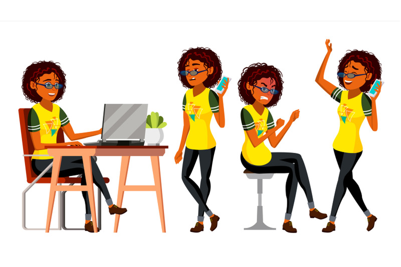 business-african-black-woman-character-vector-female-in-different-poses-clerk-in-office-clothes-designer-manager-young-american-woman-workplace-cartoon-illustration