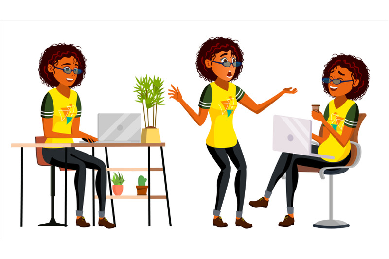 business-african-black-woman-character-vector-american-elegant-modern-girl-expressions-working-on-the-computer-desk-cartoon-illustration