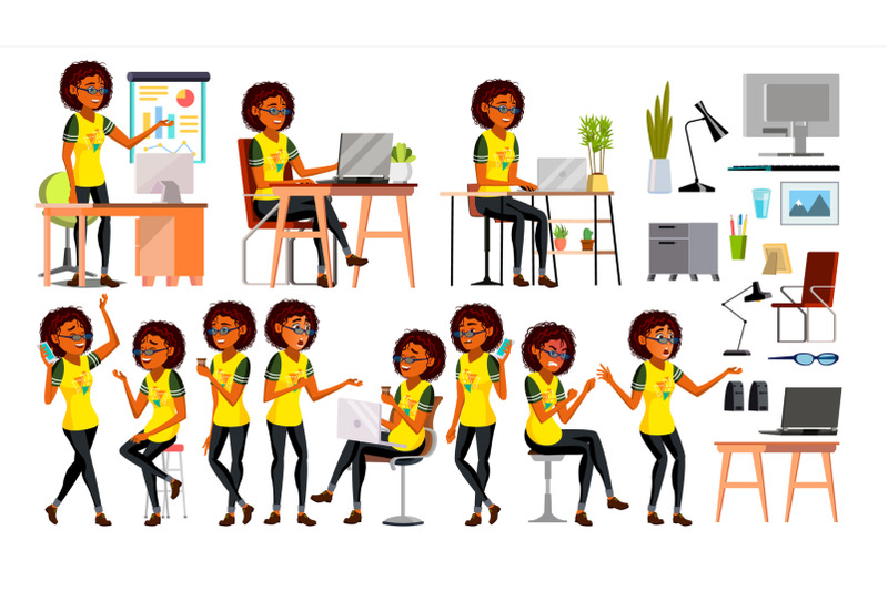 business-african-black-woman-character-vector-in-action-office-it-business-company-working-elegant-american-modern-girl-various-views-environment-process-cartoon-illustration