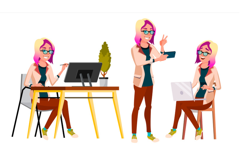 office-worker-vector-woman-modern-employee-laborer-business-woman-face-emotions-various-gestures-flat-cartoon-illustration