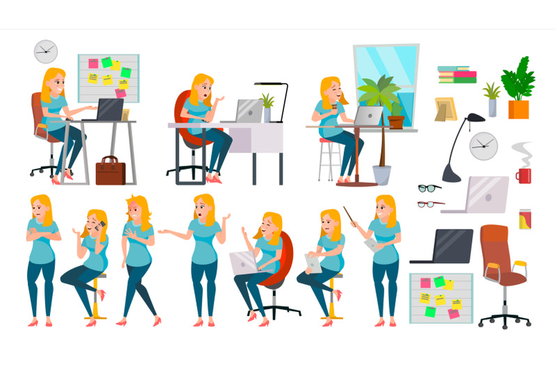 business-woman-lady-character-vector-working-female-in-action-it-startup-business-company-effective-salesperson-desk-full-length-girl-programmer-expressions-business-character-illustration