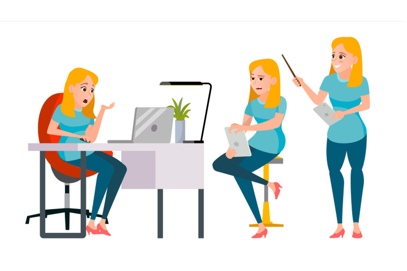 business-woman-character-vector-working-girl-environment-process-creative-studio-lifestyle-situations-in-action-girl-boss-programming-planning-designer-manager-poses-business-illustration