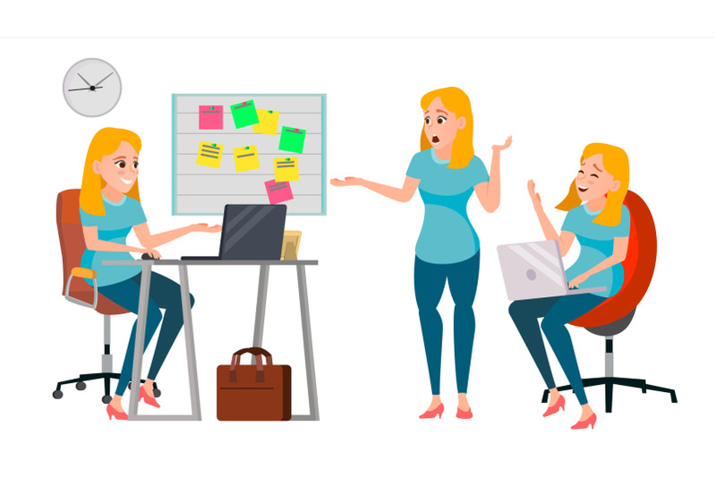 business-woman-character-vector-working-female-girl-team-room-desk-brainstorming-environment-process-start-up-office-effective-programmer-designer-lifestyle-situations-character-illustration