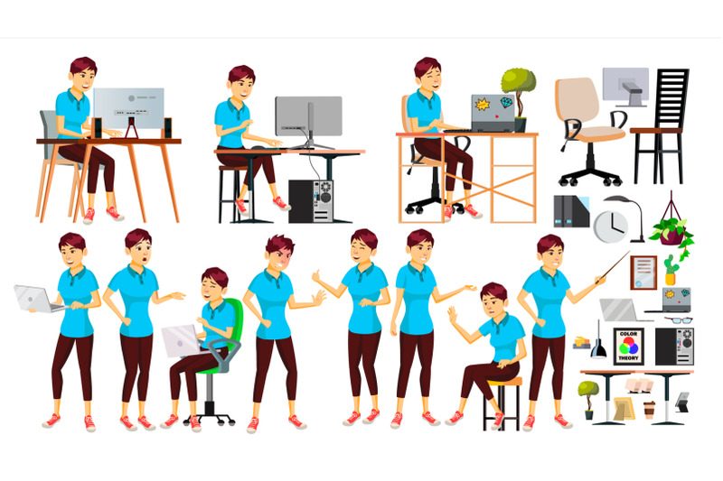office-worker-vector-japanese-woman-smiling-servant-officer-business-human-lady-face-emotions-various-gestures-animation-creation-set-isolated-flat-cartoon-character-illustration