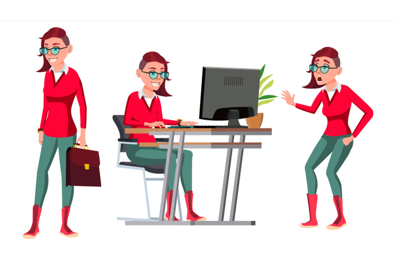 office-worker-vector-woman-successful-officer-clerk-servant-in-action-emo-freak-hairstyle-adult-business-woman-face-emotions-gestures-isolated-flat-cartoon-illustration